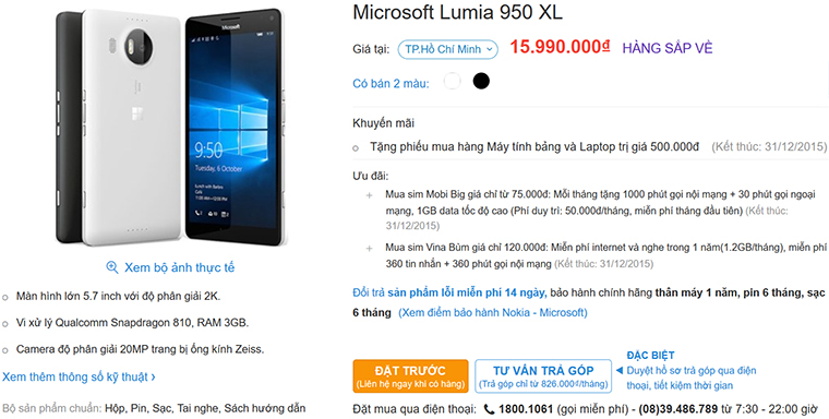 Lumia 950 XL có giá bán chính thức tại Việt Nam