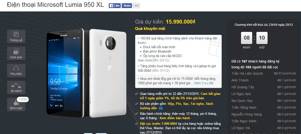 Đặt hàng Lumia 950 XL tại Thegioididong Đặt hàng Lumia 950 XL tại Thegioididong