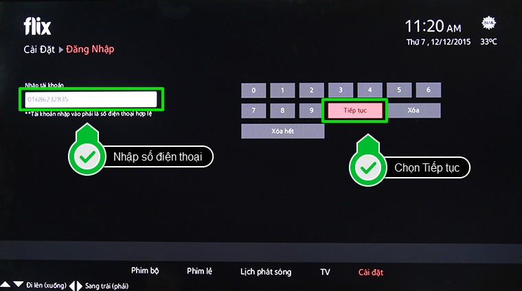 Nhập số điện thoại và chọn Tiếp tục