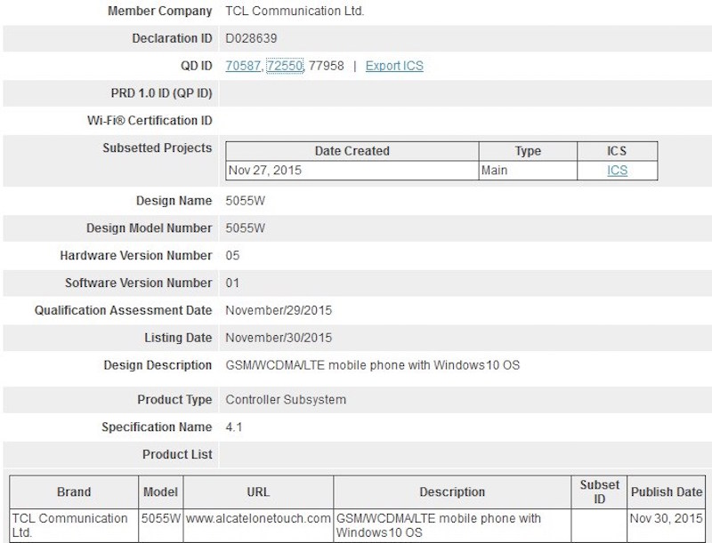 Chứng nhận Bluetooth quốc tế của Alcatel OneTouch Fierce XL