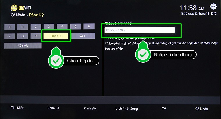 Nhập số điện thoại để đăng ký và chọn tiếp tục