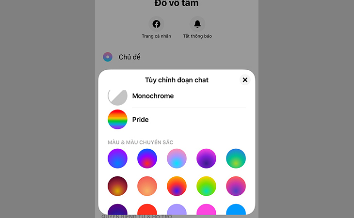 Cách thay đổi màu sắc cuộc trò chuyện trên Messenger bằng điện thoại > Chọn chủ đề hoặc màu sắc tùy ý