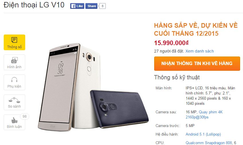 LG V10 có giá bán 15,99 triệu đồng LG V10 có giá bán 15,99 triệu đồng