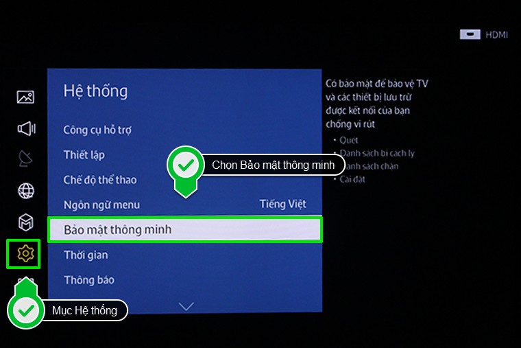 Chọn tính năng bảo mật thông minh Cách quét và diệt virus, mã độc trên Smart tivi Samsung 2015 > Chọn tính năng bảo mật thông minh