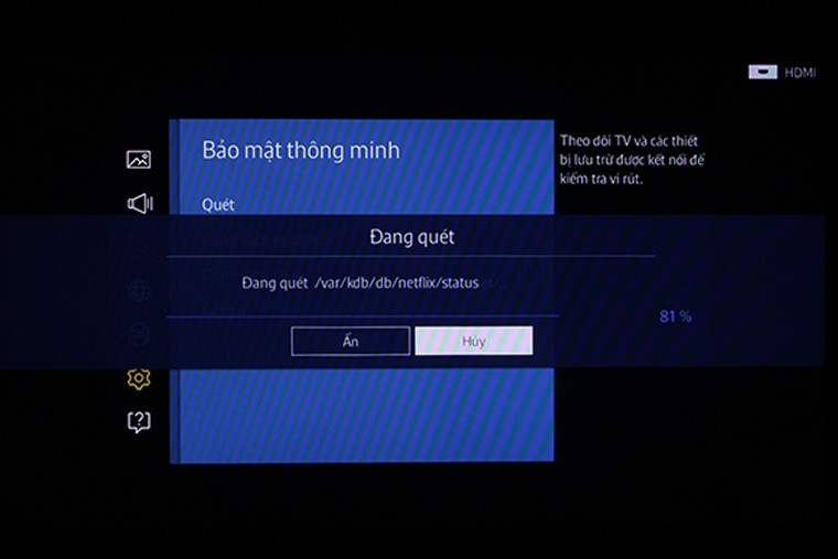 Tivi đang tiến hành quét Cách quét và diệt virus, mã độc trên Smart tivi Samsung 2015 > Tivi đang tiến hành quét