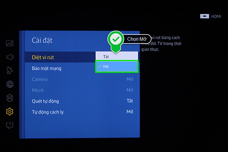 Mở tính năng diệt virus Cách quét và diệt virus, mã độc trên Smart tivi Samsung 2015 > Mở tính năng diệt virus