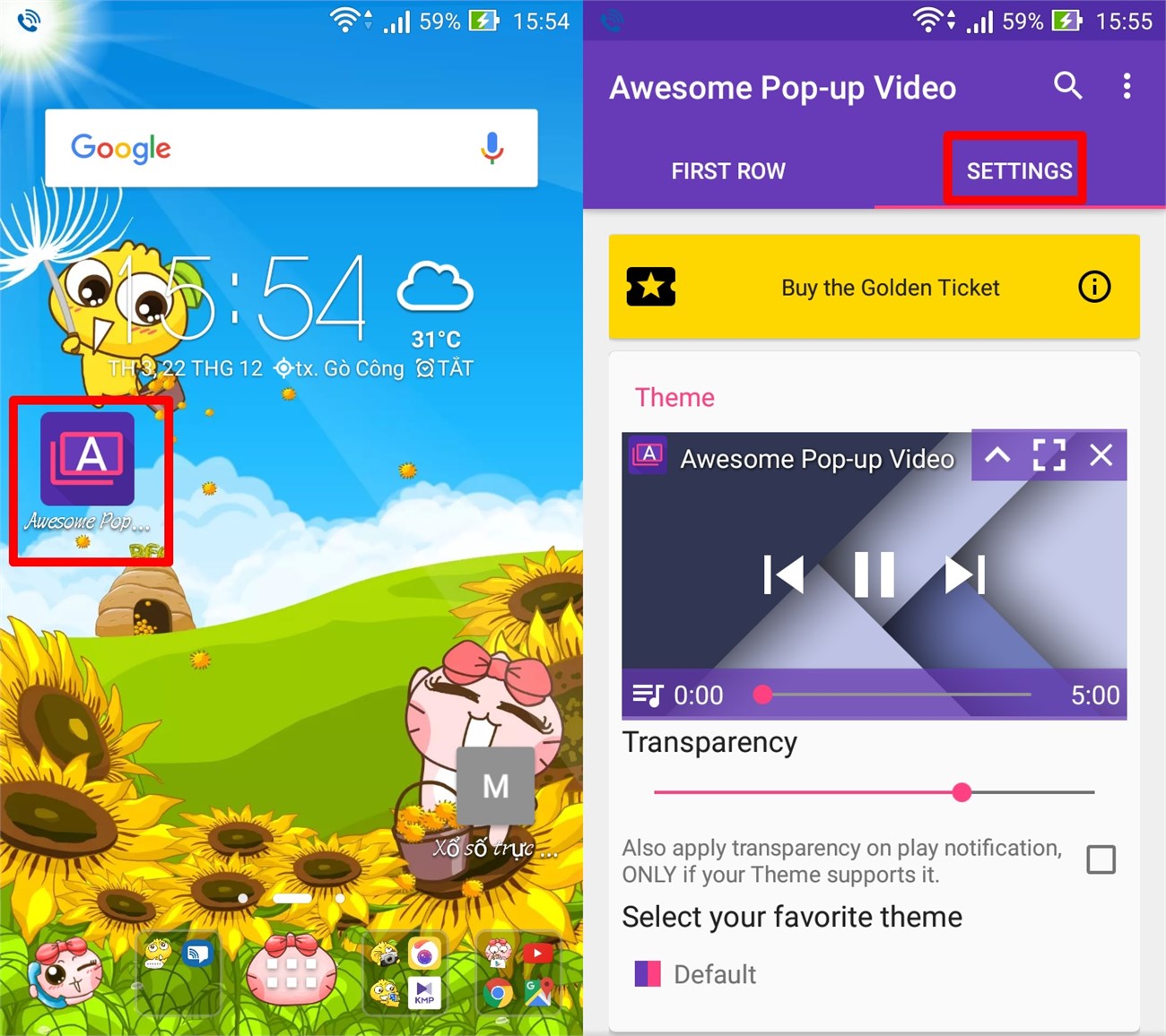 Giao diện Cài đặt Awesome Pop-up Video