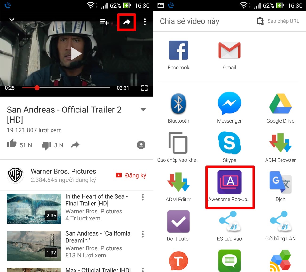 Mở video YouTube thông qua Awesome Pop-up Video