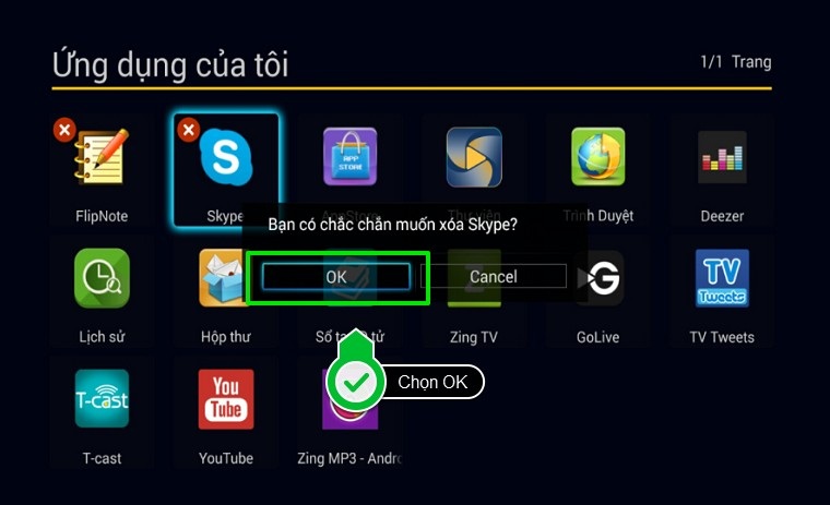 Cách sử dụng remote Smart tivi TCL > Xác nhận việc xóa ứng dụng