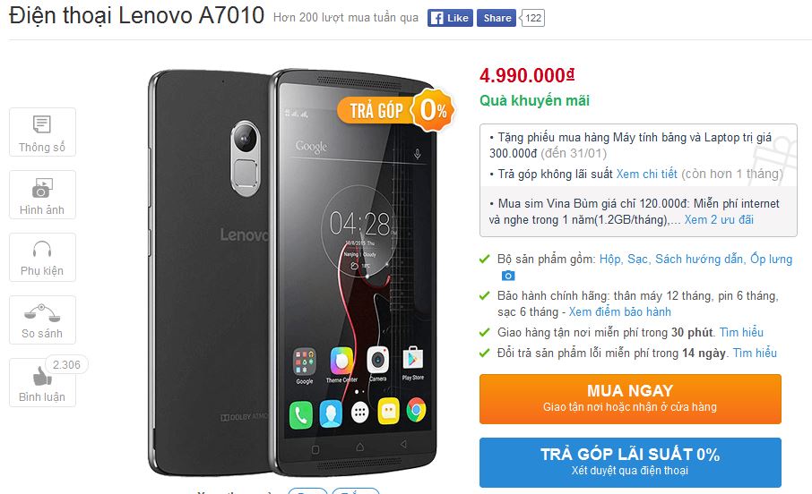Lenovo A7010 có giá 4,99 triệu đồng Lenovo A7010 có giá 4,99 triệu đồng