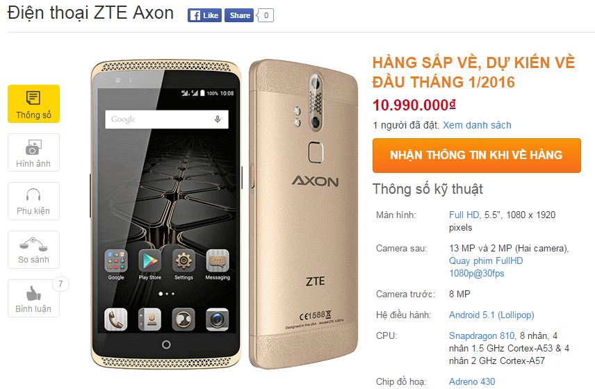 ZTE Axon có giá bán 10,99 triệu đồng ZTE Axon có giá bán 10,99 triệu đồng