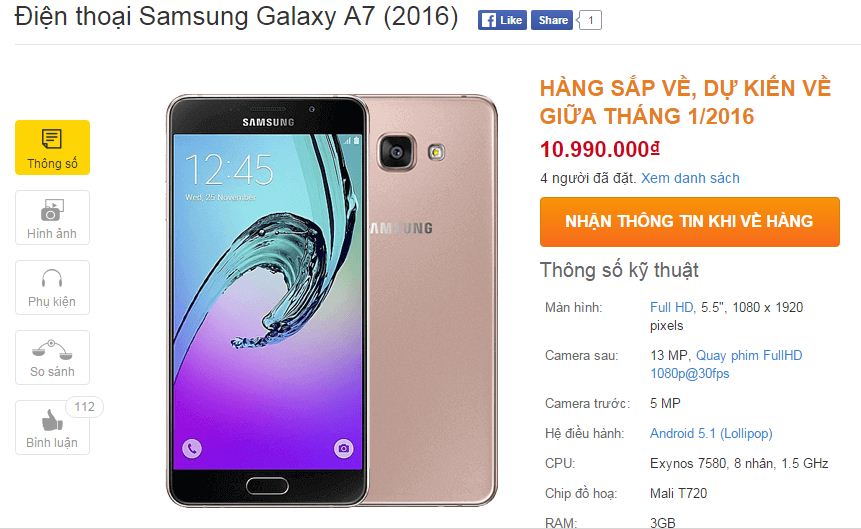 Giá bán và cấu hình Galaxy A7 2016