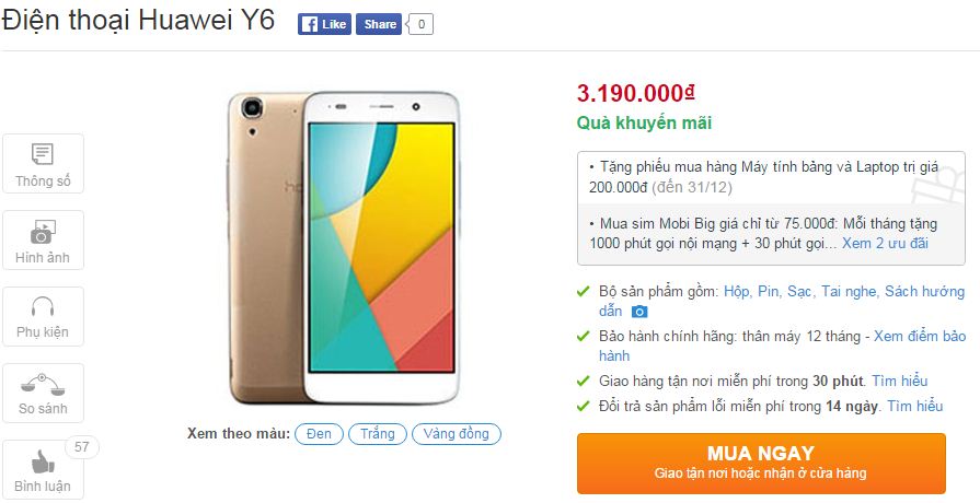 Huawei Y6 có giá bán 3,19 triệu đồng Huawei Y6 có giá bán 3,19 triệu đồng