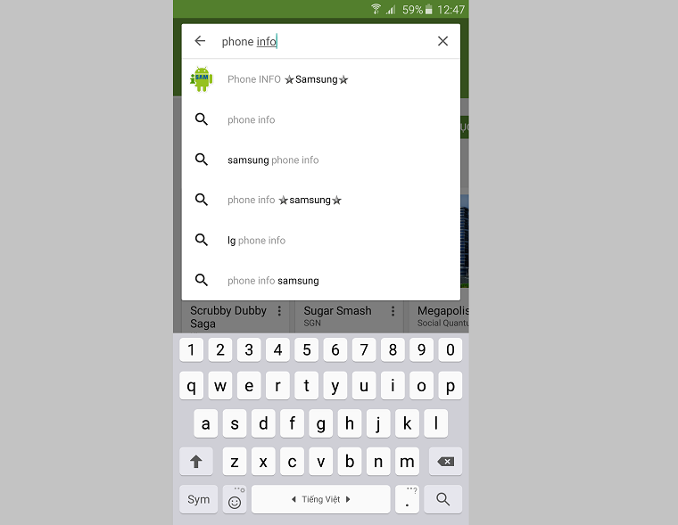 Tìm kiếm phần mềm có tên Phone info ở thanh tìm kiếm