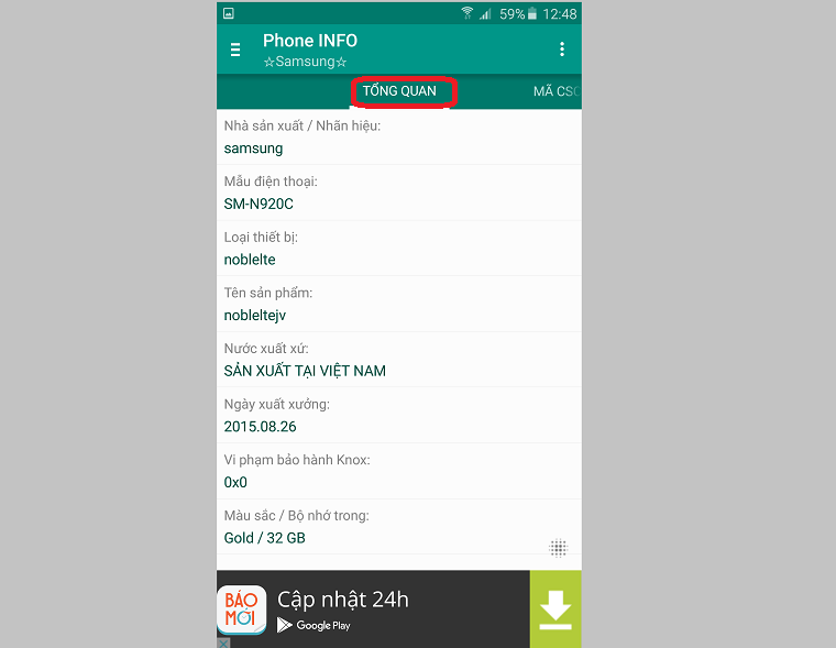 Tab Tổng quan có các thông tin về nhà sản xuất cũng như tên thiết bị