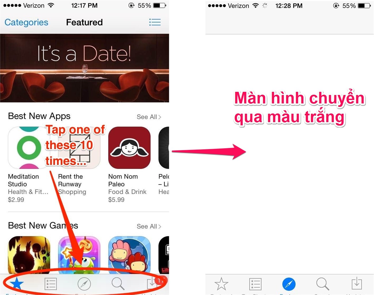 Nhấn 10 lần vào biểu tượng, màn hình chuyển qua màu trắng Nhấn 10 lần vào biểu tượng, màn hình chuyển qua màu trắng