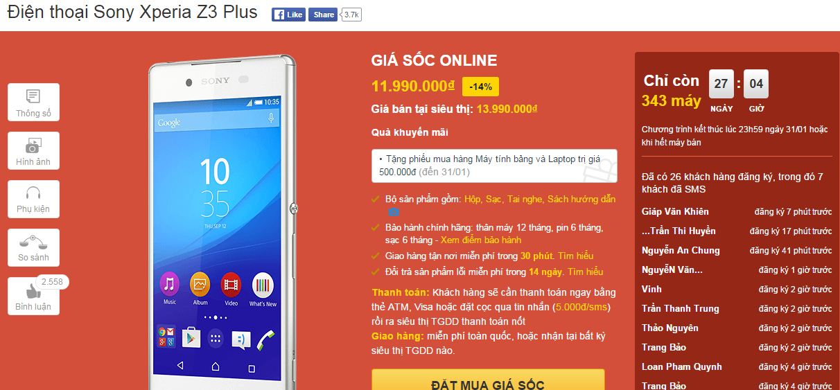Xperia Z3 Plus giảm giá sốc