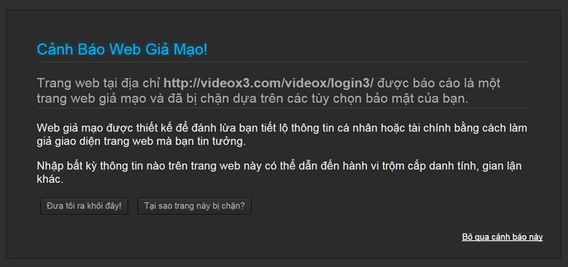 Cảnh báo trang web giả mạo Facebook (giao diện tối - phong cách FT DeepDark)