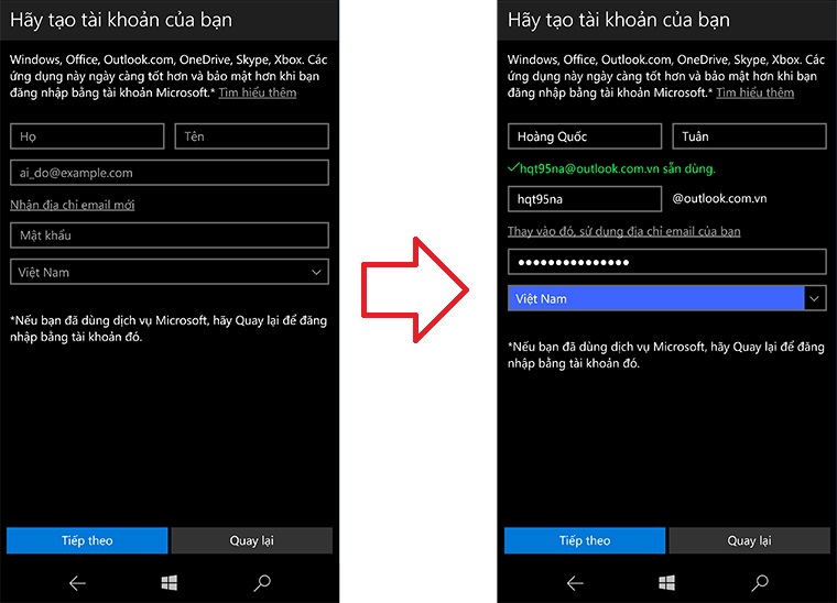 Nhập đầy đủ thông tin để tạo tài khoản Microsoft trên Windows 10 Mobile