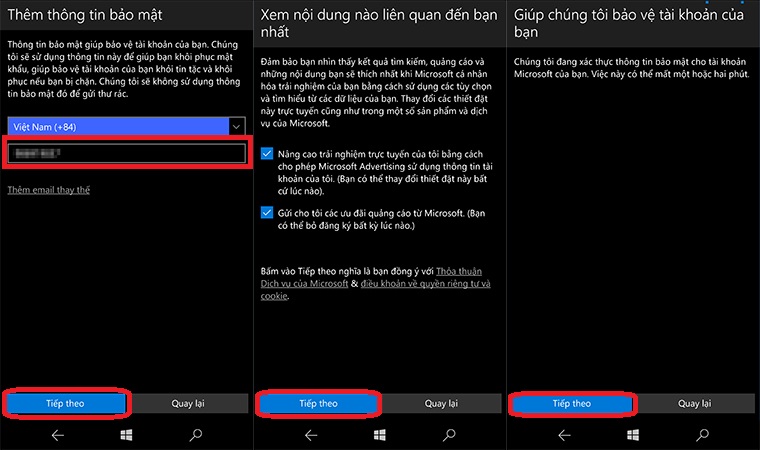 Các bước xác nhận để tạo tài khoản Microsoft trên Windows 10 Mobile