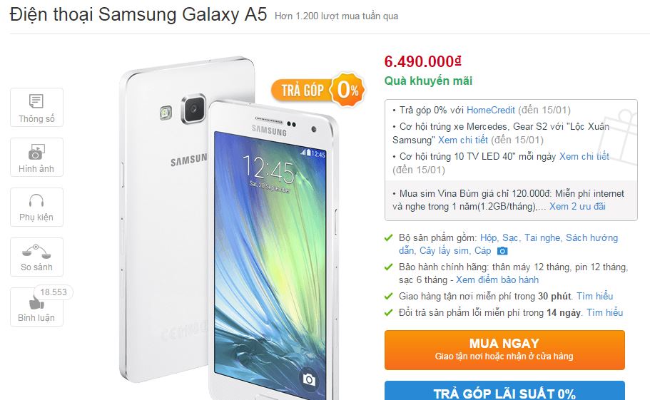 Galaxy A5 giảm giá