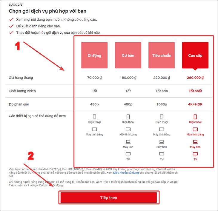 Bạn hãy chọn gói dịch vụ phù hợp với nhu cầu của mình và chọn Tiếp theo.