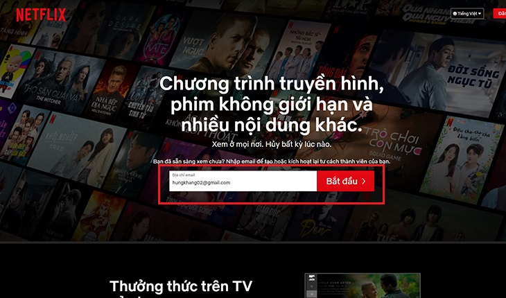 Nhập địa chỉ Email trên giao diện website Netflix