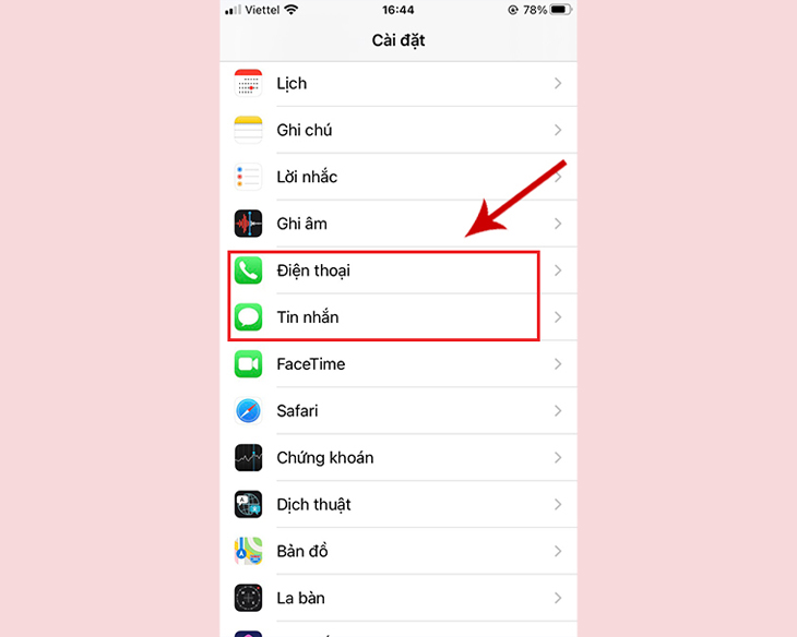 Chọn vào Điện thoại hoặc Tin nhắn
