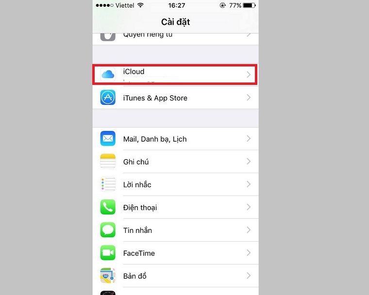 Chọn vào iCloud để đồng bộ hóa danh bạ trên iPhone