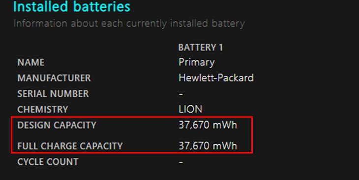 tìm đến danh mục Installed batteries