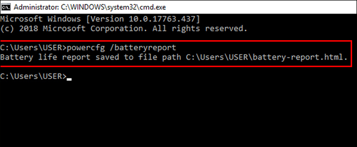 Bạn nhập lệnh powercfg /batteryreport và nhấn Enter