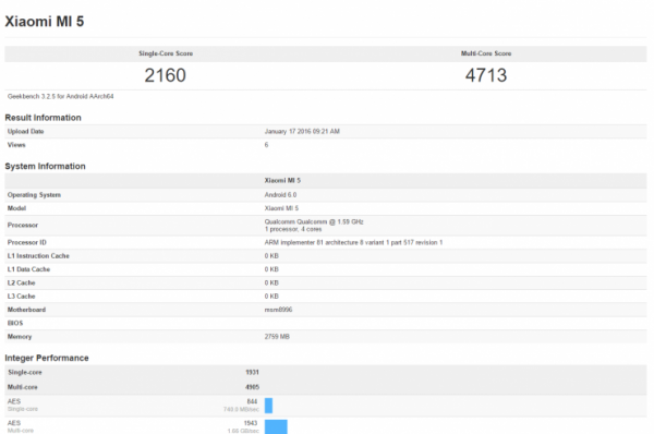 Xiaomi Mi 5 chip Snapdragon 820 trên Geekbench Xiaomi Mi 5 chip Snapdragon 820 trên Geekbench