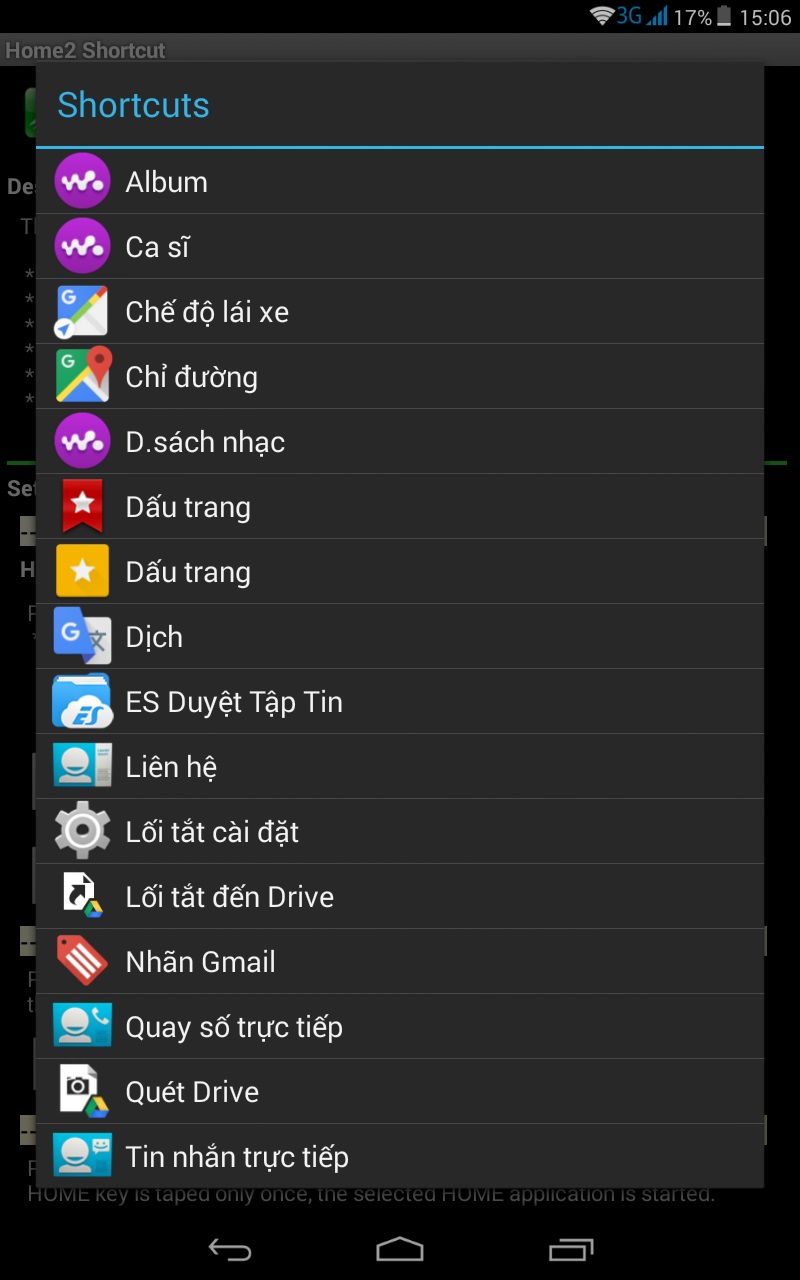 Các phím tắt trong mục Shortcuts