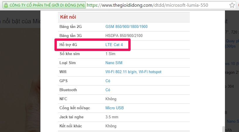 Microsoft Lumia 550 hỗ trợ 4G LTE Cat 4