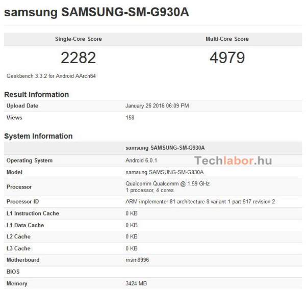 Thông số của Galaxy S7 trên Geekbench 3
