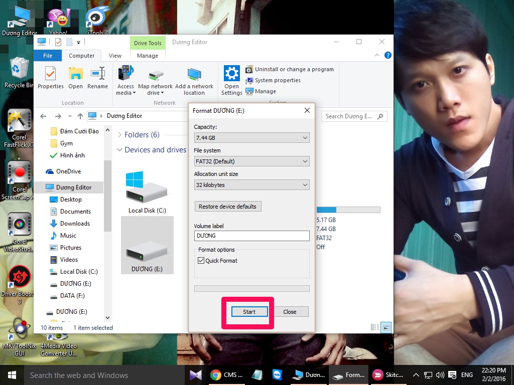 Bấm vào khung Start để bắt đầu định dạng lại thẻ nhớ