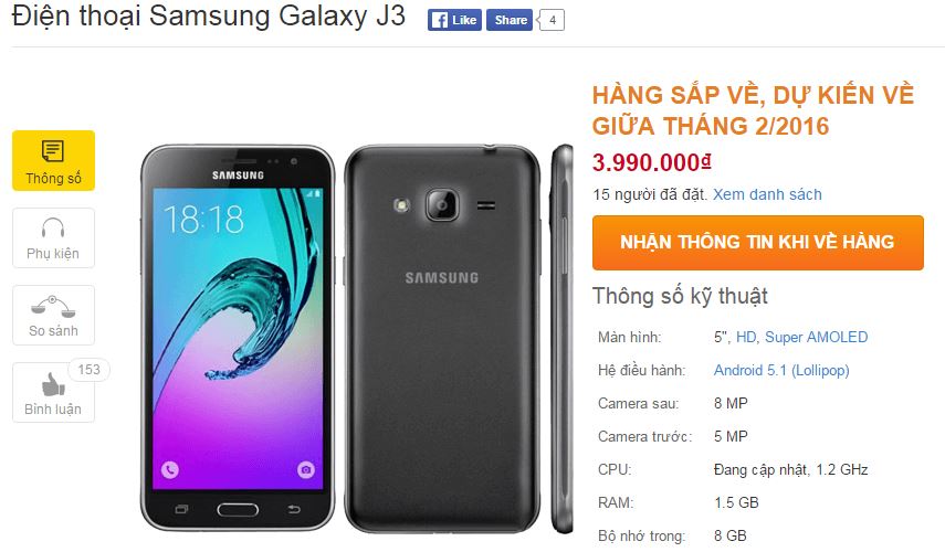 Galaxy J3 có giá bán tại Việt Nam
