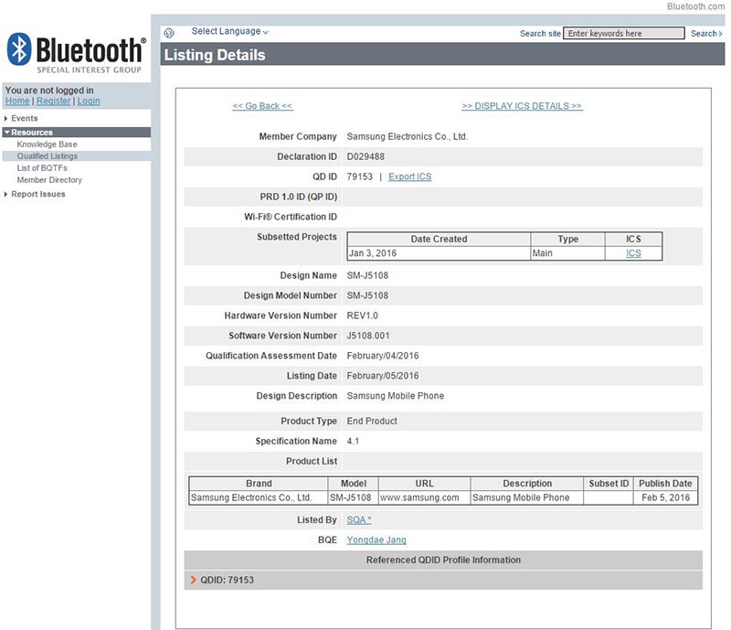 Galaxy J5 2016 nhận chứng chỉ Bluetooth