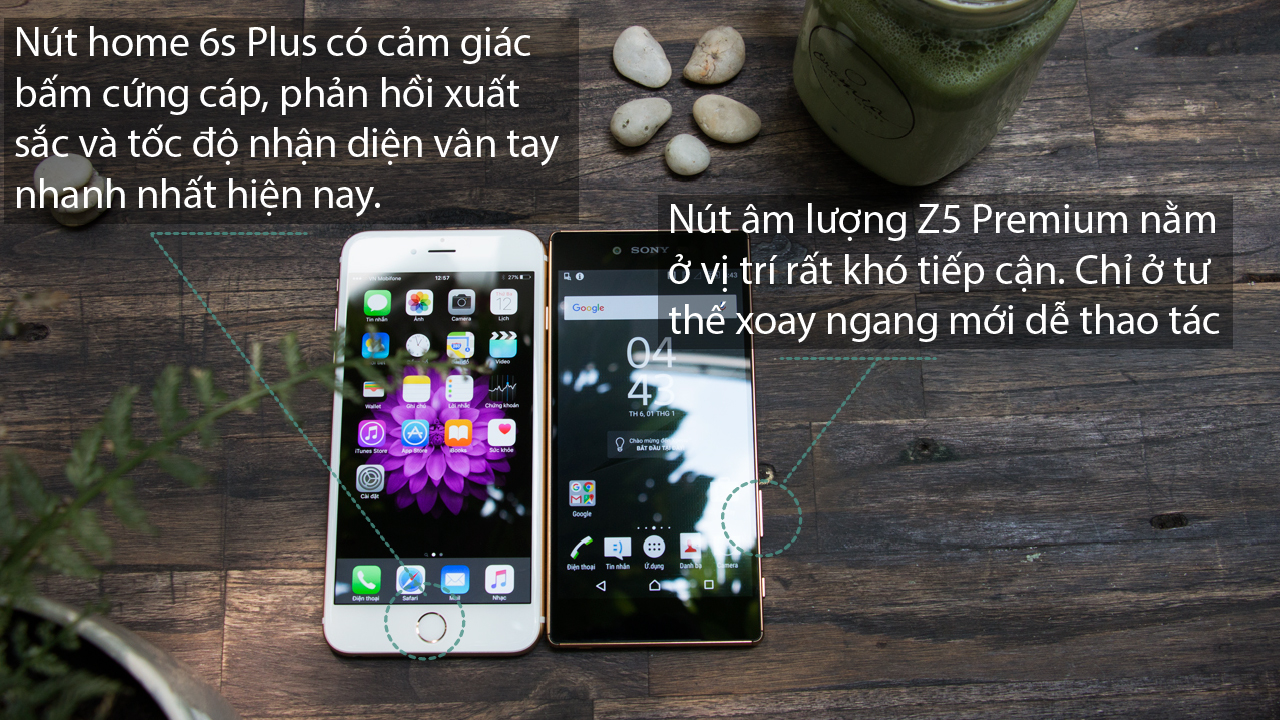 Mặt trước Apple iPhone 6s Plus và Sony Xperia Z5 Premium Dual
