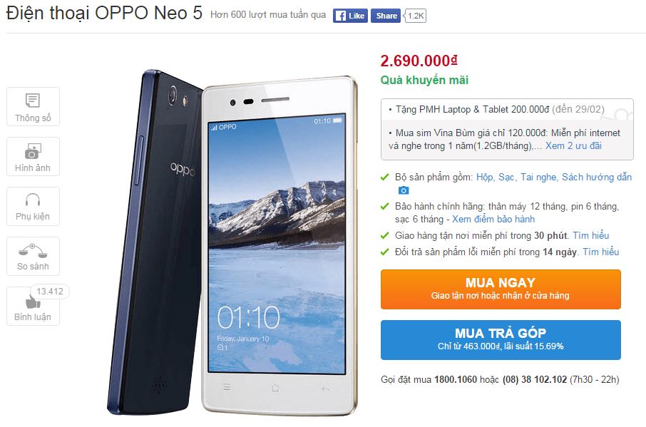 OPPO Neo 5 giảm giá từ 2,99 xuống còn 2,69 triệu đồng