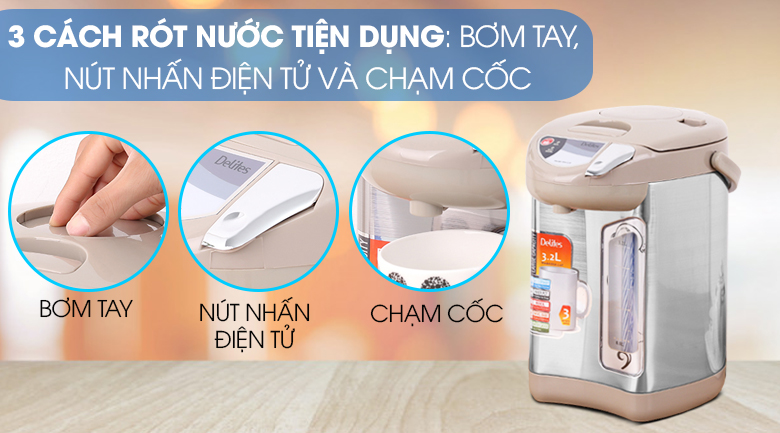 Bình thủy điện Delites EKA-5.0F 3.2 lít có 3 cách rót nước tiện dụng