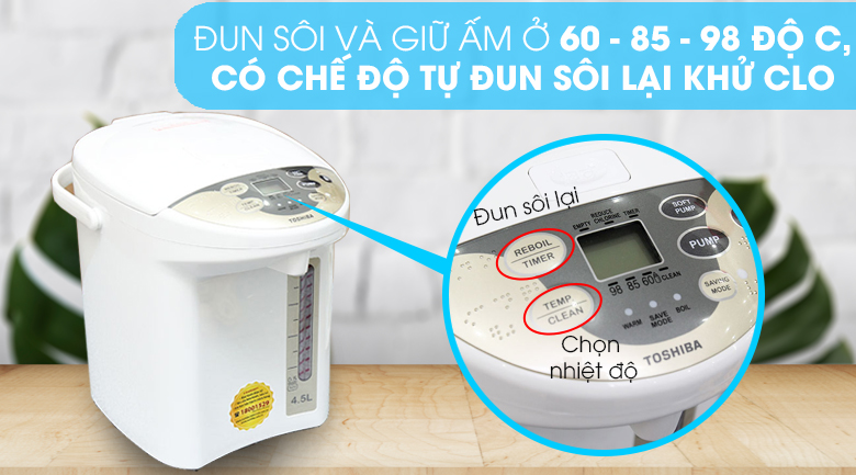 Bình thủy điện Toshiba PLK-45SF(WT)VN 4.5 lít có 3 mức giữ nhiệt