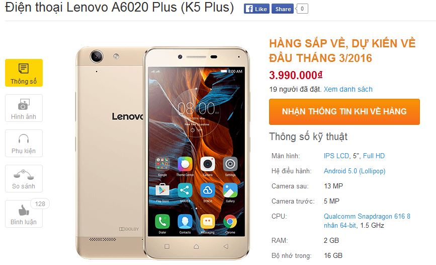 Lenovo A6020 Plus có giá bán 3.99 triệu đồng