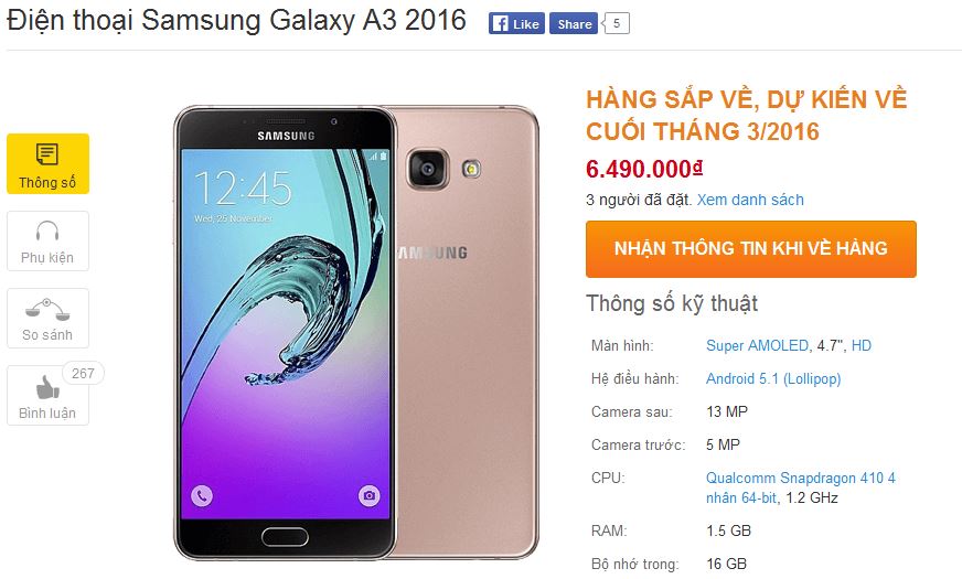 Giá bán của Galaxy A3 2016 Giá bán của Galaxy A3 2016