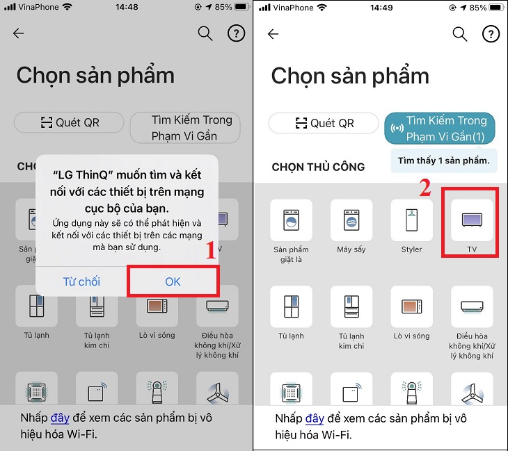 Chọn OK để cho phép kết nối thiết bị > Chọn TV.