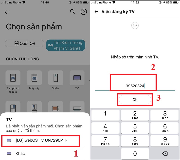 Chọn tivi LG mà bạn muốn kết nối > Nhập mã PIN đã xuất hiện trên TV > Chọn OK.