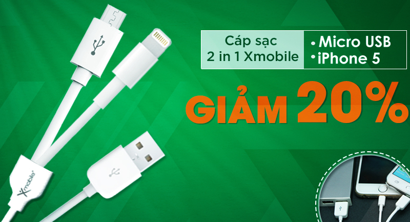 Giảm ngay 20% khi mua online Cáp sạc 2 trong 1 Micro USB & iPhone 5
