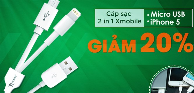 Giảm ngay 20% khi mua online Cáp sạc 2 trong 1 Micro USB & iPhone 5/6