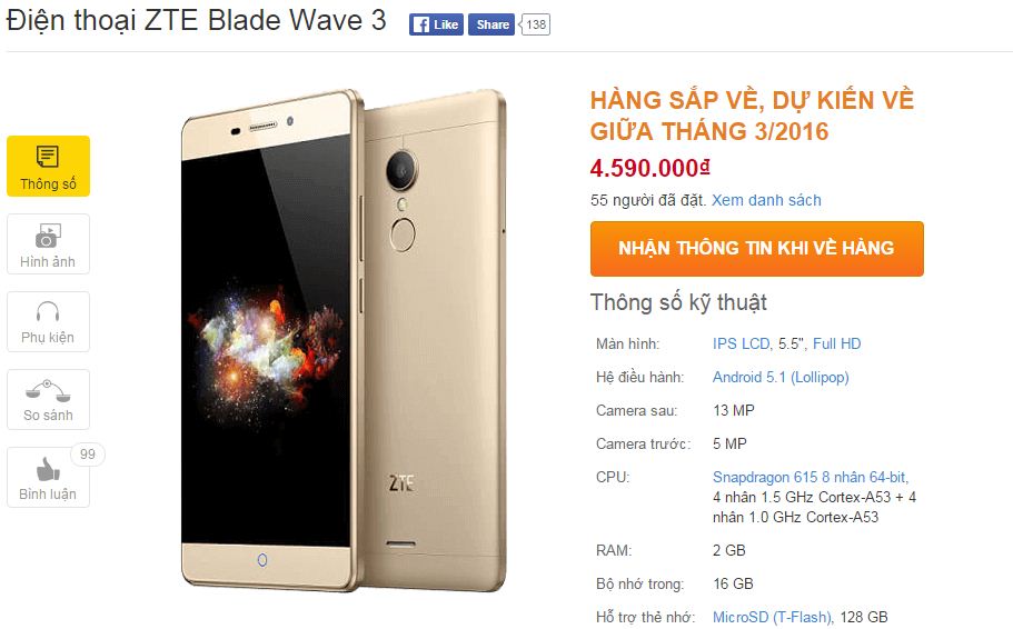 ZTE Blade Wave 3 có giá bán 4.59 triệu đồng ZTE Blade Wave 3 có giá bán 4.59 triệu đồng