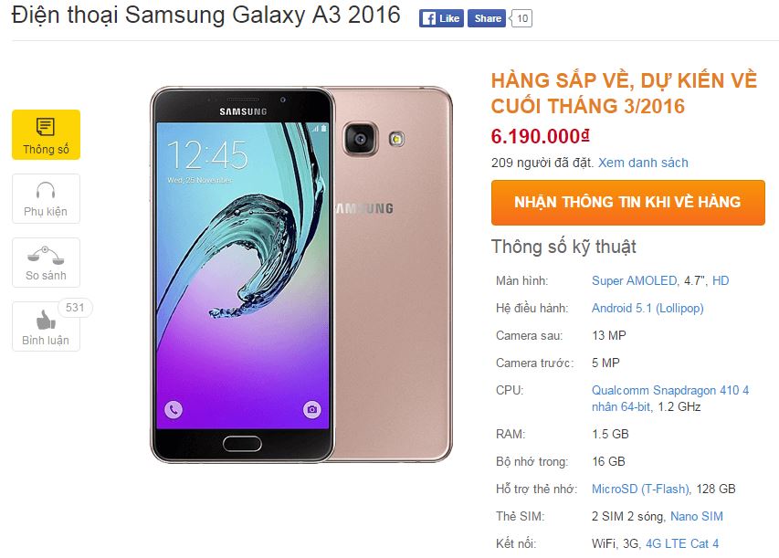 Galaxy A3 2016 đã được giảm giá xuống 6.19 triệu